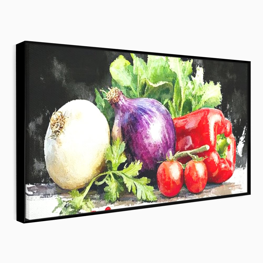Tablou canvas cu pictura cu legume proaspete si verdeturi, in rama de aluminiu negru